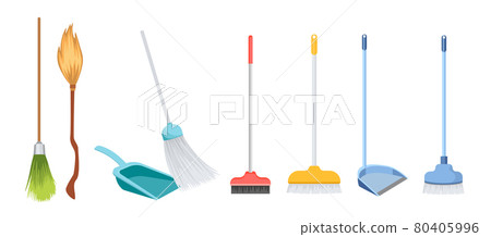 Set of Icons Broom, Scoop and Brushes with Long Handles Household Plastic Tools Isolated on White Background 80405996