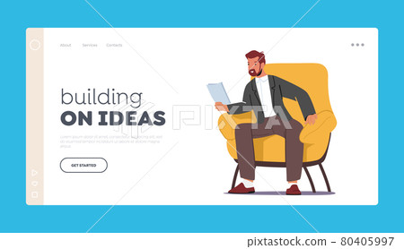 Building on Ideas Landing Page Template. Businessman Character Sitting in Armchair Reading Document, Data Analysis 80405997