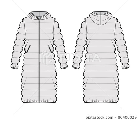 Hooded quilted shell down coat jacket puffer technical fashion illustration with long sleeve, knee length, oversized 80406029