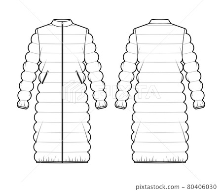 Coat quilted shell down jacket puffer technical fashion illustration with long sleeves, collar, zip-up closure, pockets 80406030