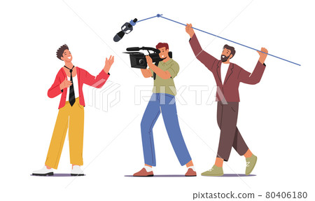 Cameraman with Camera and Crew Holding Microphone Recording Interview with Male Character. Journalist Profession 80406180
