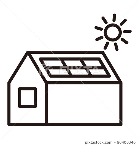 黑白細線圖標/帶太陽能電池板的房子的白色背景 80406346