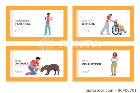 Volunteering Landing Page Template Set. Characters Help Disabled Seniors, Feeding Homeless Dogs, Delivery Grocery Volunteering Landing Page Template Set. Characters Help Disabled Seniors, Feeding Homeless Dogs, Delivery Grocery 80406701