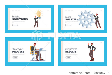 Businessman Character Routine Landing Page Template Set. Office Worker Lifestyle and Activity. Business Man with Bulb Businessman Character Routine Landing Page Template Set. Office Worker Lifestyle and Activity. Business Man with Bulb 80406702
