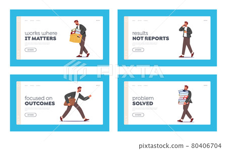 Businessman Character Work in Office Landing Page Template Set. Clerk Late at Work, Talk by Phone, Carry Folders Pile Businessman Character Work in Office Landing Page Template Set. Clerk Late at Work, Talk by Phone, Carry Folders Pile 80406704