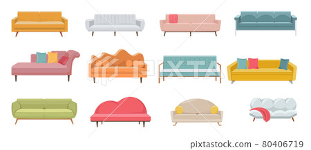 Set of Comfortable Modern Sofa or Couch, Classic or Vintage Lounges with Leather or Fabric Upholstery and Soft Pillows 80406719