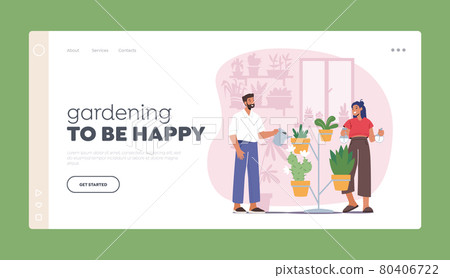 Gardening Hobby Landing Page Template. Man and Woman Spraying and Watering Flowers. Couple Characters Care of Plants 80406722