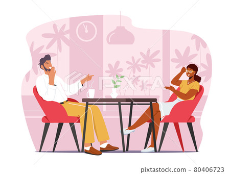 Man and Woman Couple Having Conversation in Coffee House. People Visit Cafe Sit at Table Drink Beverages in Restaurant 80406723