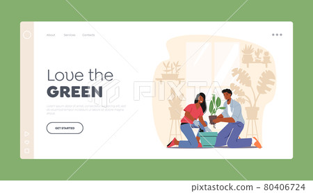 Love the Green Landing Page Template. Happy Couple Taking Care of Home Plants. Characters Enjoying Growing Houseplants 80406724
