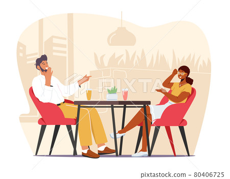 Young Happy Couple Dating, Meeting Sitting at Table in Cafe. People Drinking Coffee, Talking and Laughing in Restaurant 80406725