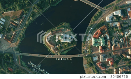 Aerial top-down shot of the city of the Vyborg Castle, Russia Aerial top-down shot of the city of the Vyborg Castle, Russia 80406756