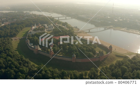 Aerial shot of the Veliky Novgorod Kremlin fortress and the Volkhov River in Russia 80406771