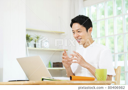 Male telework online meeting smile English conversation class Male telework online meeting smile English conversation class 80406982