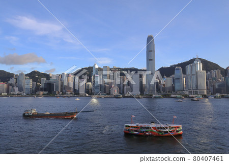 Star Ferry in Hong Kong Harbor with skyline in background 10 July 2021 Star Ferry in Hong Kong Harbor with skyline in background 10 July 2021 80407461