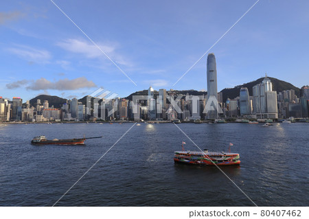 Star Ferry in Hong Kong Harbor with skyline in background 10 July 2021 Star Ferry in Hong Kong Harbor with skyline in background 10 July 2021 80407462