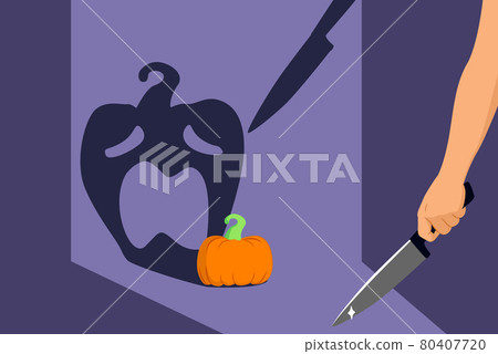 Halloween minimal concept, hand holding menacing knife and scared pumpkin projecting funny spooky shade on background Halloween minimal concept, hand holding menacing knife and scared pumpkin projecting funny spooky shade on background 80407720