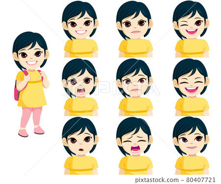 Asian little girl ready back to school with different expressions set Asian little girl ready back to school with different expressions set 80407721