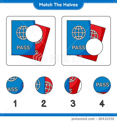 Match the halves. Match halves of Passport. Educational children game, printable worksheet, vector illustration 80410356