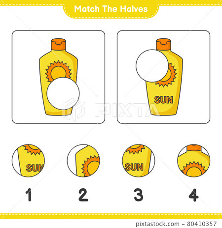 Match the halves. Match halves of Sunscreen. Educational children game, printable worksheet, vector illustration Match the halves. Match halves of Sunscreen. Educational children game, printable worksheet, vector illustration 80410357
