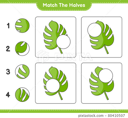 Match the halves. Match halves of Monstera. Educational children game, printable worksheet, vector illustration Match the halves. Match halves of Monstera. Educational children game, printable worksheet, vector illustration 80410507