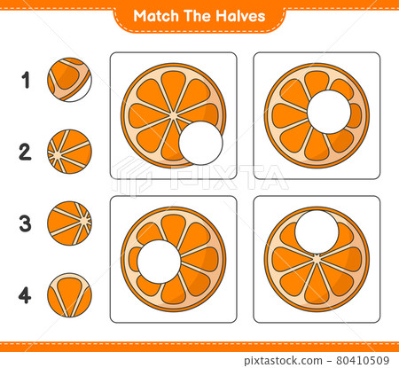 Match the halves. Match halves of Orange. Educational children game, printable worksheet, vector illustration Match the halves. Match halves of Orange. Educational children game, printable worksheet, vector illustration 80410509