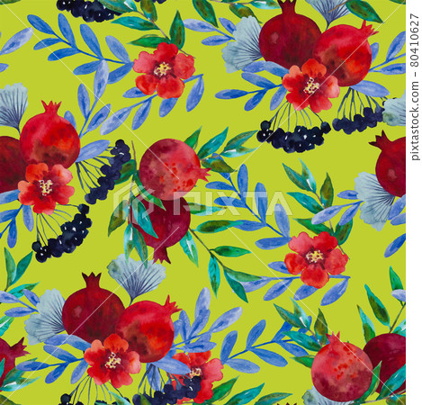 Watercolor seamless pattern with pomegranate flowers and branches. Hand painted illustration. Watercolor seamless pattern with pomegranate flowers and branches. Hand painted illustration. 80410627