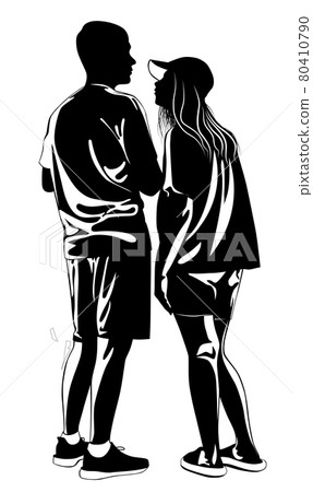 Black and white image of a guy and a girl standing next to each other Black and white image of a guy and a girl standing next to each other 80410790
