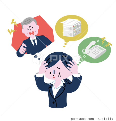 A woman in a suit holding a pale head thinking about her work A woman in a suit holding a pale head thinking about her work 80414115