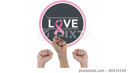 Composition of pink ribbon logo and love text, with raised fists on white background Composition of pink ribbon logo and love text, with raised fists on white background 80414140