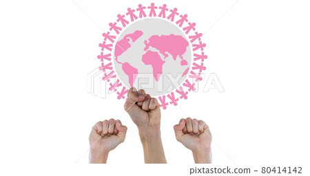 Composition of pink globe logo , with raised fists on white background Composition of pink globe logo , with raised fists on white background 80414142
