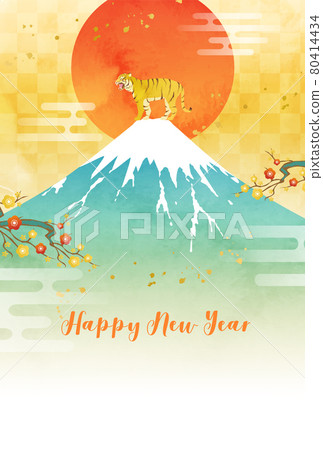 Vector illustration of watercolor Mt. Fuji and tiger (tiger) and sunrise gorgeous 2022 New Year's card template (Asahi, Fri, checkered) 80414434