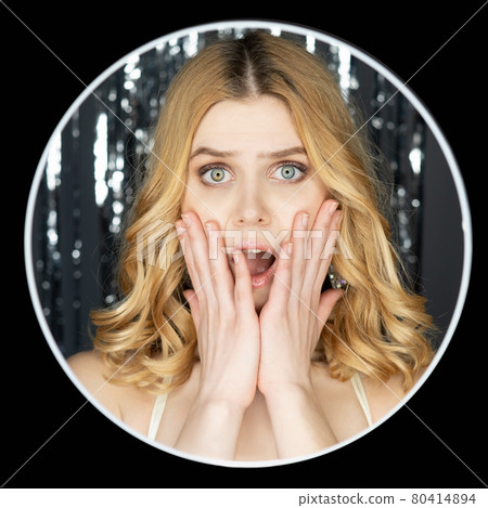 surprised woman party shock unexpected situation surprised woman party shock unexpected situation 80414894