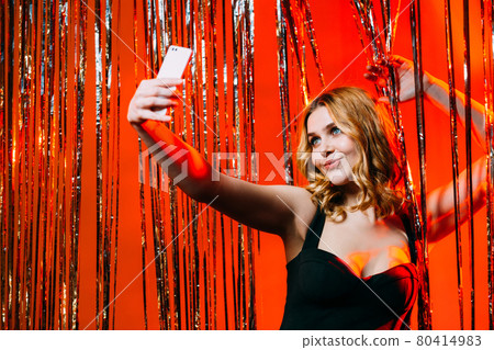 party selfie beautiful woman festive look holiday party selfie beautiful woman festive look holiday 80414983