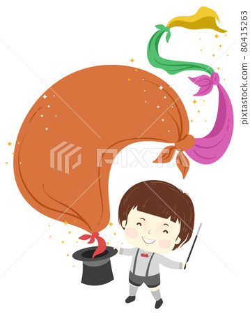 Kid Boy Magic Hat Tied Cloth Wand Illustration Kid Boy Magic Hat Tied Cloth Wand Illustration 80415263