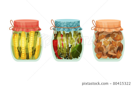 Closed with Lid Glass Jar with Preserved Corn and Asparagus Vector Set 80415322