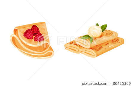 Sweet Crepe or Pancake Served with Cheese and Raspberry Filling Vector Set 80415369