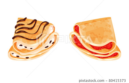 Sweet Crepe or Pancake Served with Cream and Berry Filling Vector Set 80415373