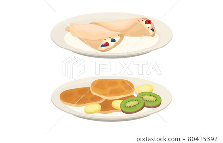 Sweet Crepe or Pancake Served on Plate with Cream and Berry Filling Vector Set Sweet Crepe or Pancake Served on Plate with Cream and Berry Filling Vector Set 80415392