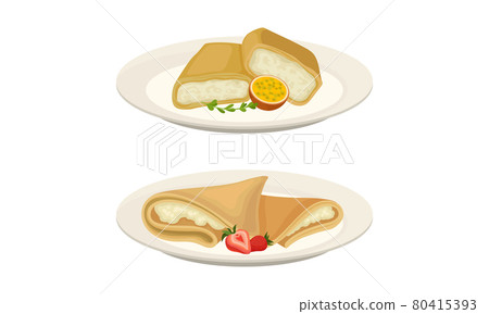 Sweet Crepe or Pancake Served on Plate with Quark Filling Vector Set 80415393