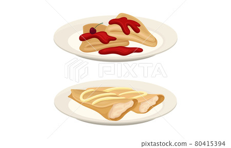 Sweet Crepe or Pancake Served on Plate with Cherry Jam and Quark Filling Vector Set Sweet Crepe or Pancake Served on Plate with Cherry Jam and Quark Filling Vector Set 80415394