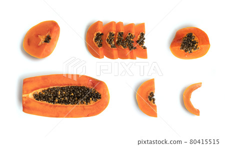 Set of ripe papaya slices isolated on white background. Fresh fruit. Raw organic healthy food. Grocery and supermarket cooking and eating Product. Set of ripe papaya slices isolated on white background. Fresh fruit. Raw organic healthy food. Grocery and supermarket cooking and eating Product. 80415515