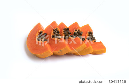 Ripe papaya slices isolated on white background. Fresh fruit. Raw organic healthy food. Grocery and supermarket cooking and eating Product. Ripe papaya slices isolated on white background. Fresh fruit. Raw organic healthy food. Grocery and supermarket cooking and eating Product. 80415516