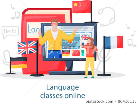 Language classes online vector banner. Foreign speech study at home using computer, distance lessons Language classes online vector banner. Foreign speech study at home using computer, distance lessons 80416113