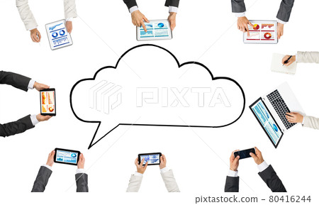Top view of businesspeople sitting at table and using gadgets Top view of businesspeople sitting at table and using gadgets 80416244