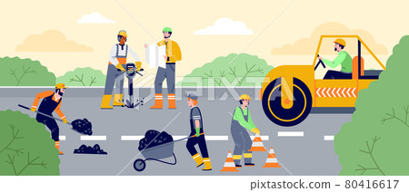 Road construction workers paving asphalt, repair road surface, sidewalks Road construction workers paving asphalt, repair road surface, sidewalks 80416617