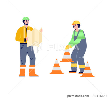 Road workers put traffic cones at construction site, flat vector isolated. Road workers put traffic cones at construction site, flat vector isolated. 80416635