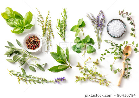 Fresh aromatic herbs, overhead flat lay shot on a white background with spices 80416784
