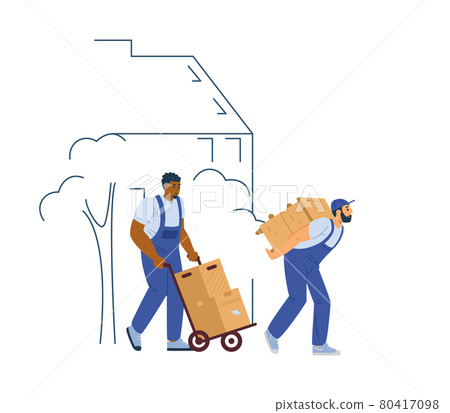 Loaders or movers men carrying furniture, flat vector illustration isolated. 80417098