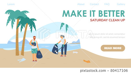 Web banner with young people clean up trash at ocean beach or sea coast. Web banner with young people clean up trash at ocean beach or sea coast. 80417106