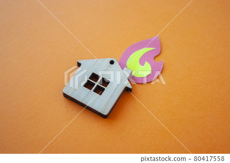 Fire house, insurance and mortgage concept. Small wooden house 80417558